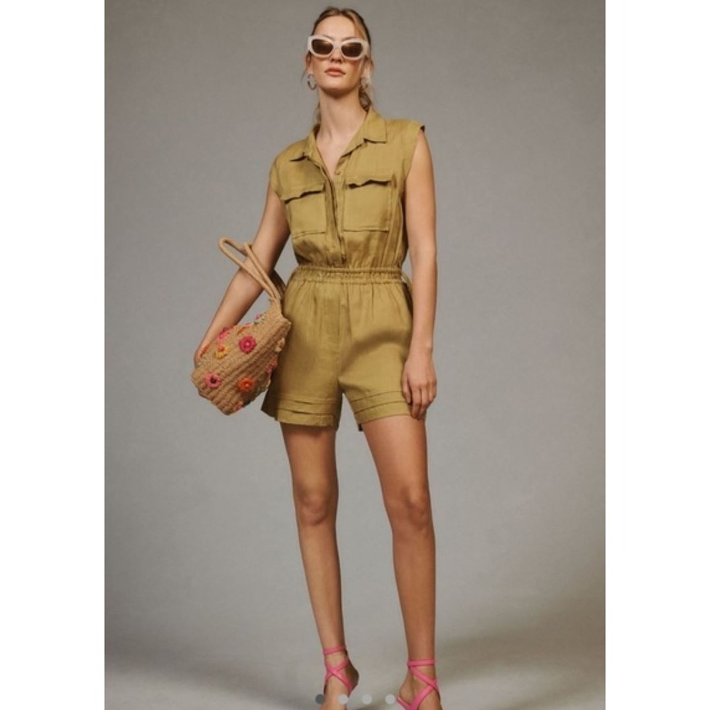 MON RENN Anthropologie Lela Linen Sleeveless Utility Romper Playsuit Green Sz‎ M